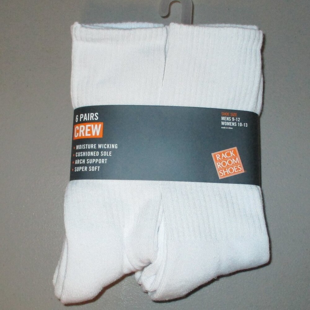 White Crew Socks 6-Pack Men 9-12 Women 10-13 Rack Room Shoes NWT Unisex